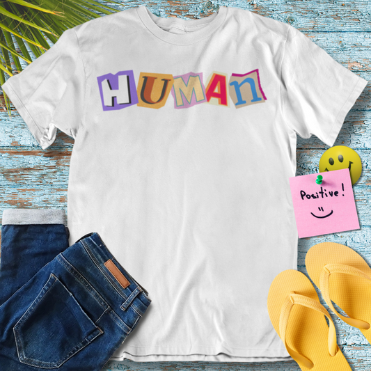 Human, Colorful Text Art, Visual Language Collage- Graphic T-Shirt