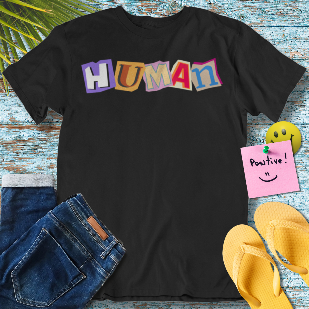 Human, Colorful Text Art, Visual Language Collage- Graphic T-Shirt