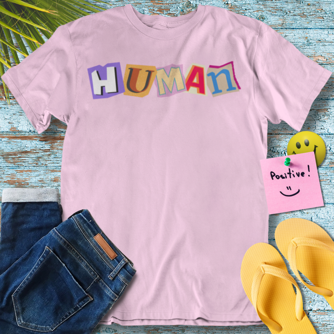 Human, Colorful Text Art, Visual Language Collage- Graphic T-Shirt