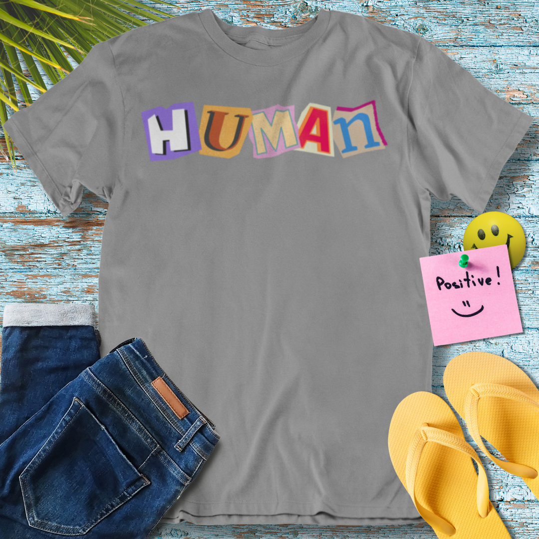 Human, Colorful Text Art, Visual Language Collage- Graphic T-Shirt